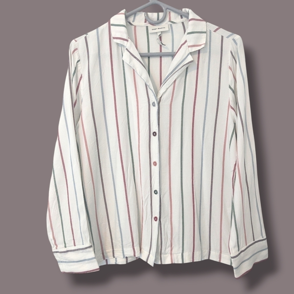 Cozy Earth White Cottage Stripe Button-Up Soft Woven Long Sleeve Pajama Top XS